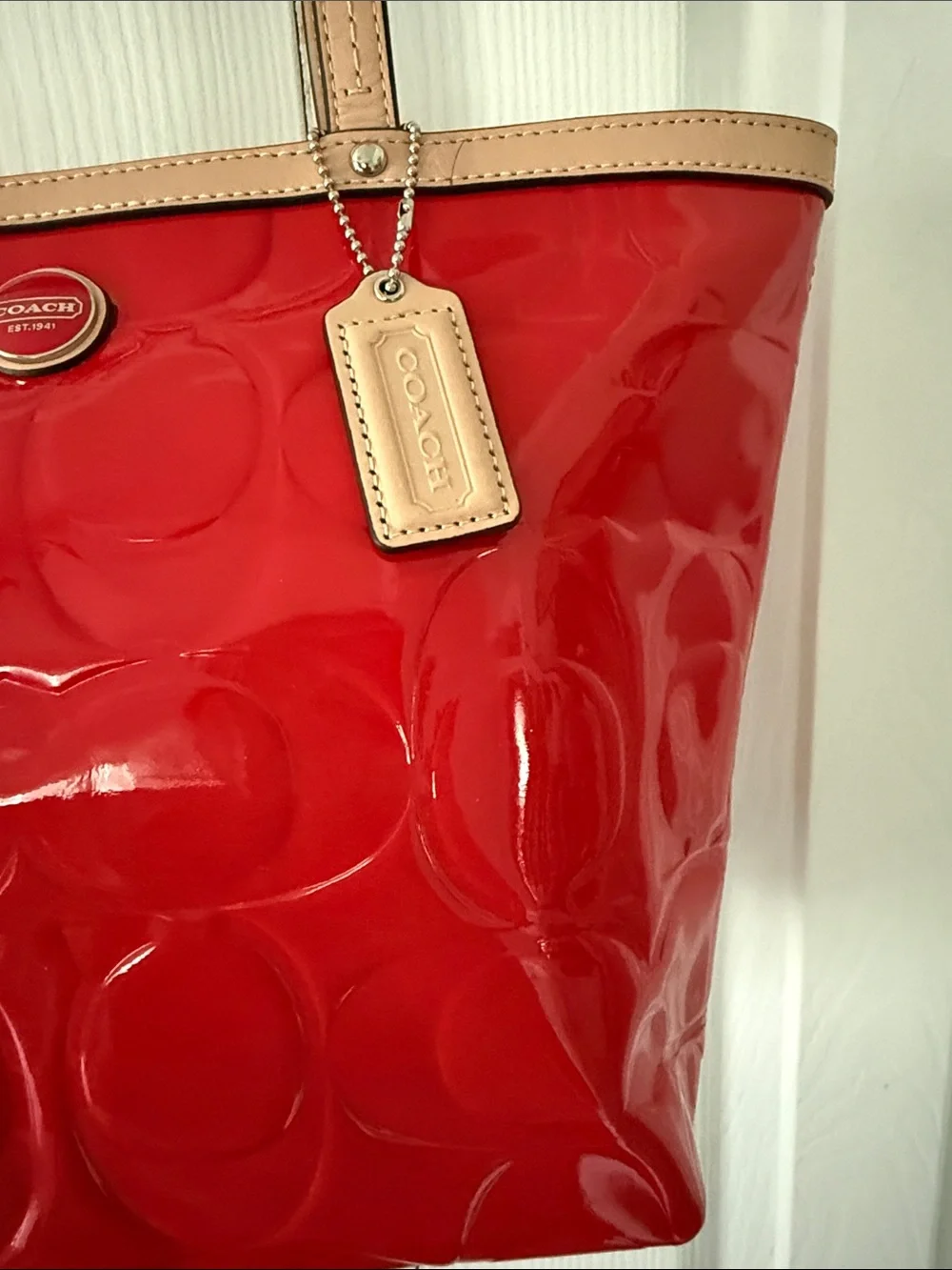 Coach Red Patent Tote with Tan Trim